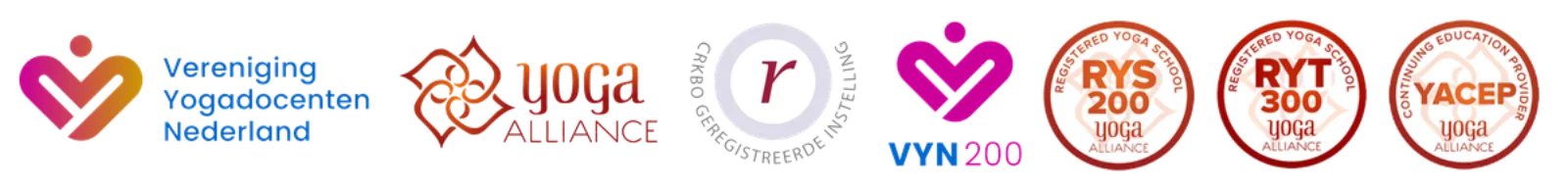 Erkenningen SanaYou YOGAcademy — Vereniging Yogadocenten Nederland, Yoga Alliance, CRKBO, VYN200, RYS200, RYT300, YACEP